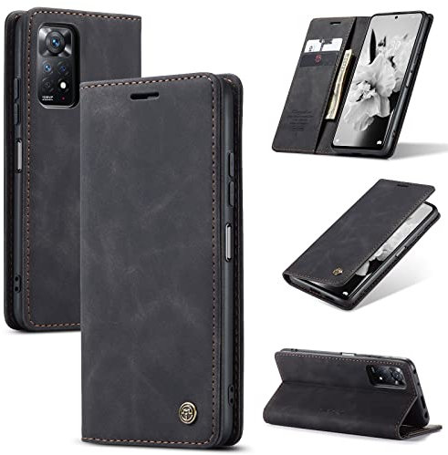 owlhold Handyhülle für Xiaomi Redmi Note 11 Pro/12 Pro 4G Hülle, Premium Lederhülle Weiches Vintage-Nubukleder Faltbare Ständer Klapphülle stoßfest Schutzhülle für Redmi Note 11 Pro/12 Pro 4G -Schwarz