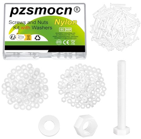 Pzsmocn 300 Stück/100 Sätze M3*25 mm Weißes Nylon Kunststoff Äußeres Sechseck Schrauben-Muttern-Kombinationsset mit Isolierscheibe, Standardgröße für Heimwerker und Elektronische Montage.