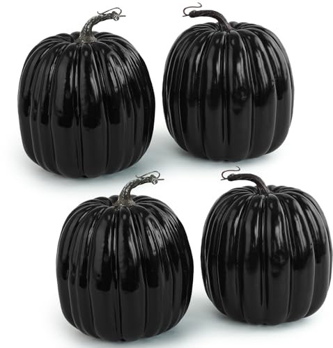 Miaikoe 4 PCS Large Autumn Artificial Pumpkins Decoration Harvest Lifelike Black Pumpkins for Fall Autumn Halloween Party Thanksgiving Holiday Decor Displaying (Black)