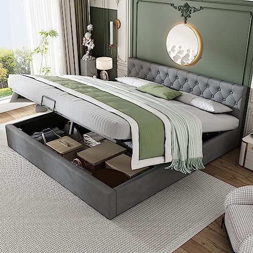 LATICO Polsterbett Doppelbett 180x200 cm, Bett mit Stauraum Underbett, Hydraulisches Stauraumbett Bettgestell Bett mit Lattenrost aus Holz, Jugendbett Rückenlehne Bett, Ohne Matratze, Samt Grau