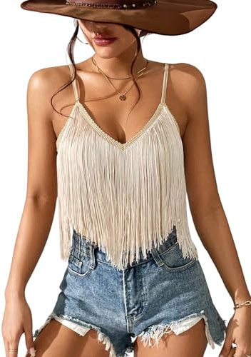 Damen Western-Cowgirl-Fransentop – Country-Konzert-Outfits, Festival, Quastensaum, Boho, Rodeo, Camisole Rave, Tank-Shirt, Khaki, X-Klein