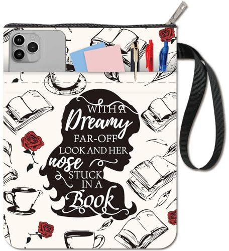 craspire Couverture de Livre Silhouette Rose Protection de Livre Mots Café Pochette pour Livres Brochés Couverture de Livre en Tissu Lavable avec Fermeture Éclair et Poche Supplémentaire