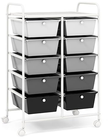 COSTWAY 10 Drawers Storage Cart, Multipurpose Mobile Organizer Shelving Unit with Handle, Removable Drawers & Lockable Wheels, Utility Rolling Trolley for Home Office Beauty (Gradient Black+White)