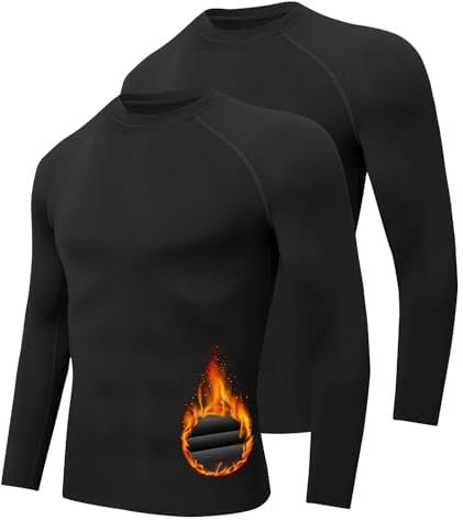 Djtnzdm Mens Thermal T Shirts Long Sleeve Fleece Lined Sport Compression Base Layer Winter Undershirt Running T Shirt Tops Warm Pack of 2 Black M