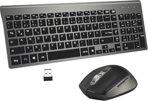 Tastatur und Maus Set Kabellos - Ultraslim 2.4Ghz USB Funk Tastatur QWERTZ (Deutsch) Layout Ergonomisch Klein Maus Ultra-Dünne für Computer/Desktop/PC/Laptop/TV/Windows (Schwarz Gray, Medium)