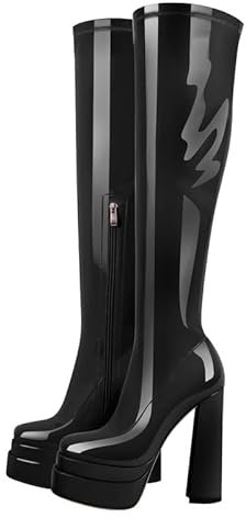 VERISSON Damen Plateau Stiefel Blockabsatz Knee High Stretch Boots Zipper Kniestiefel High Heels mit Reißverschluss Lack Schwarz 43 EU