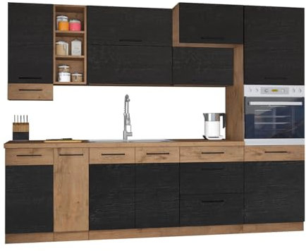 Mirjan24 Küche Woodline III mit Arbeitsplatte und Spülbecken im Set, Küchenblock/Küchenzeile 11 Schrank-Module frei kombinierbar (Eiche Lancelot/Dark Wood)
