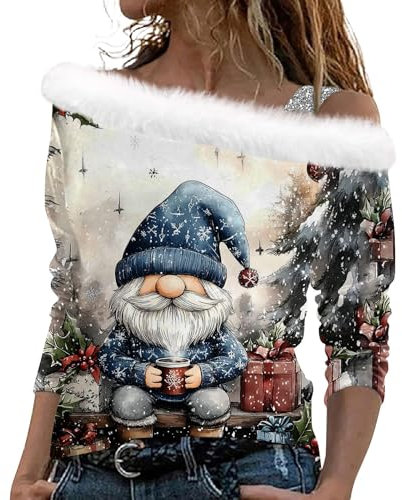 Plüsch Ausschnitt Pullover Off Shoulder Weihnachts Sweatshirt Weihnachtspullover Damen Slim Fit Langarmshirt Weihnachten Elegant Aufdruck Sweater mit Weihnachtsbaum Christmas Oberteile(Navy,L)