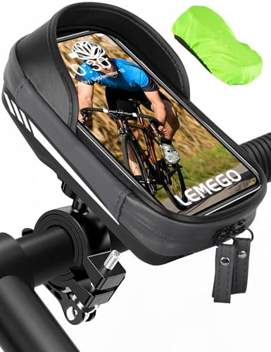 LEMEGO Bike Phone Holder Waterproof - 360° Rotatable Motorbike Phone Holder, Upgraded Ultra-Stable Phone Mount, Bicycle Handlebar Bag with Rain Cover & Reflective for 4.7-7'' Smartphone(Grey)