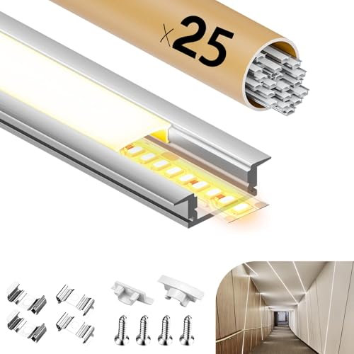 GEEKLUX LED Aluminium Profil 2 m x 25 (50 m) U Profil Aluminium für Led Streifen/Liste/led profil,Led Leiste Kanal with Milchig Weißer Abdeckung - Endkappen und Federschnalle - 2000 x 24,7 x 7 mm