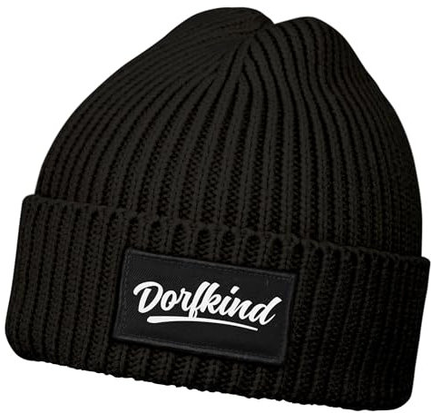 MoonWorks® Herren Beanie mit Patch Strickmütze mit Spruch Dorfkind Aufdruck Lustig Mütze Männer Schwarz Unisize