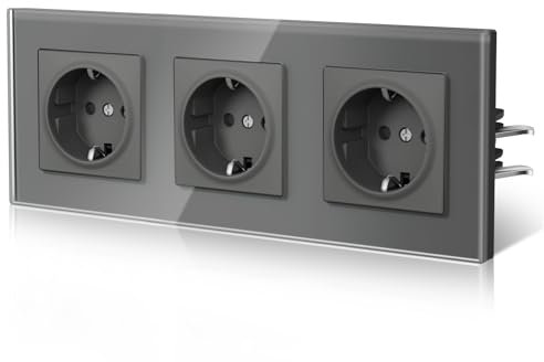 BSEED Steckdose aus Glas, EU-Standard Wandsteckdose mit Krallen, Einbausteckdose mit Kindersicherung, Einfach Montage, Neu E-Serie, 16A 250V,3 Fach,228mm Grau