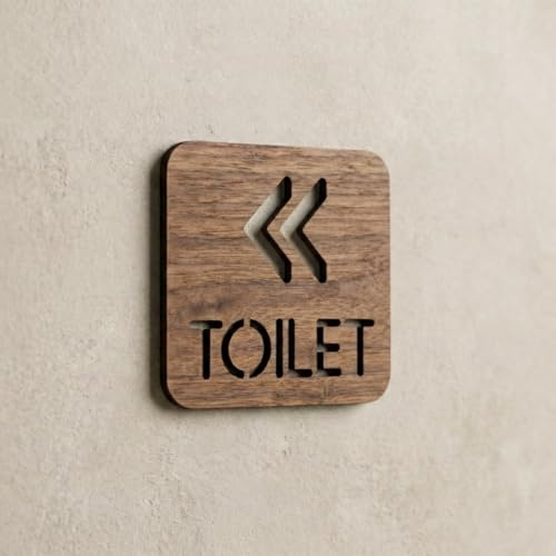Cartello direzionale per WC, freccia sinistra, noce di alta qualità, 14,5 x 14,5 cm, con freccia sinistra, elegante cartello unisex per porta del bagno, per uffici, ristoranti, bar, negozi