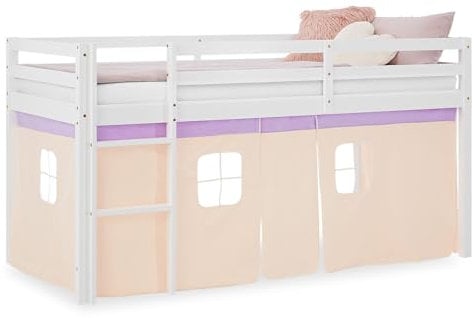 Homestyle4u Hochbett 90x200 Beige Kinderbett mit Rausfallschutz Vorhang Leiter Stauraum Bett Kiefer massiv