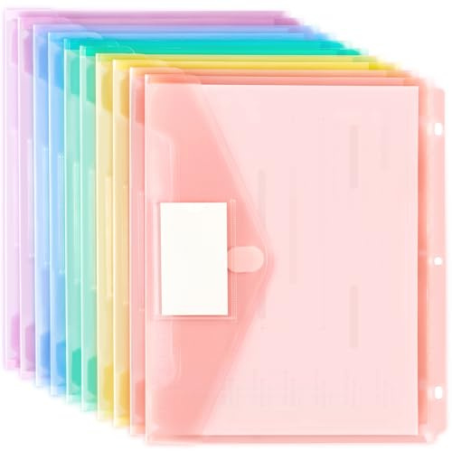 Forvencer Binder Pocket, 10 Pack Super Heavyweight Plastic Folders with Tight Closure, Binder Folders Side Loading, 3 Ring Binder Pocket, Binder Dividers with Pockets, Letter Size, Pastels Series