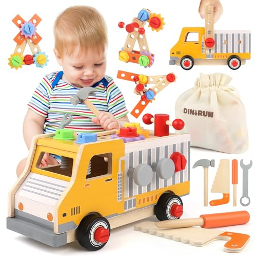 DINORUN Werkzeugkoffer Kinder, Kinderwerkzeug Kinderspielzeug, Holzspielzeug Montessori Spielzeug ab 2 3 4 Jahre Werkbank Kinder Geschenk Junge Mädchen 3 4 5 6 Jahre (47 Stück)