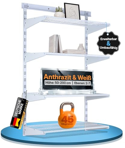 BOOMET Wandregal Metall Weiß mit Drahtboden · 28 Varianten · 150x60x30cm (HxBxT) 3 Böden · Flexibles Wandschienen Regalsystem für Ankleide, Vorratsraum, Büro, Garage, Keller & Werkstatt