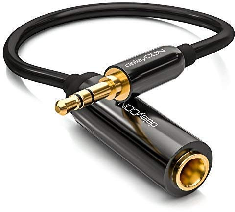 deleyCON 0,2m Câble Adaptateur Jack Stéréo Audio - Mâle 3,5mm vers Femelle 6,3mm - Mâle & Femelle Doré - Noir