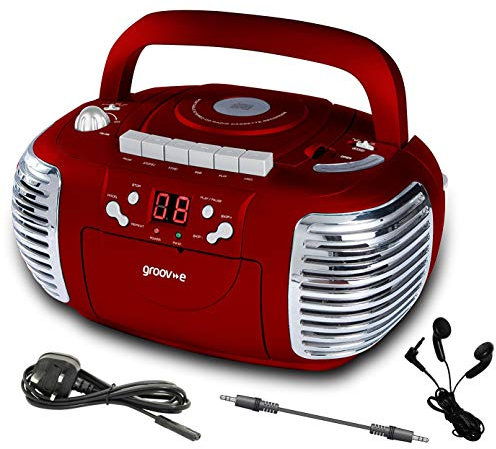 Portable Retro Boombox CD Player, Cassette Tape RECORDER, FM Radio, AUX IN (Play music from MP3 players, Smart Phones, Tablets, etc) Inc: Earphones, 3.5mm Jack Lead & UK Power Lead (Red)