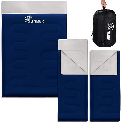 SUNMER Sacco a pelo doppio, king size, 300 g/m², 3-4 stagioni, convertibile in 2 sacchi a pelo singoli, ideale per campeggio ed escursioni, impermeabile, blu navy