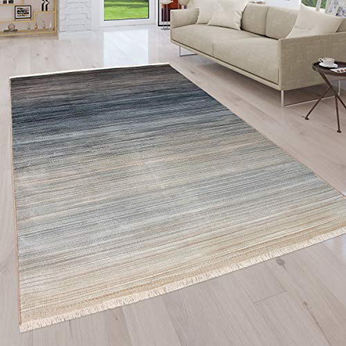Paco Home Teppich Wohnzimmer Kurzflor Fransen Moderne Streifen Optik Mit Farbverlauf, Grösse:80x150 cm, Farbe:Blau