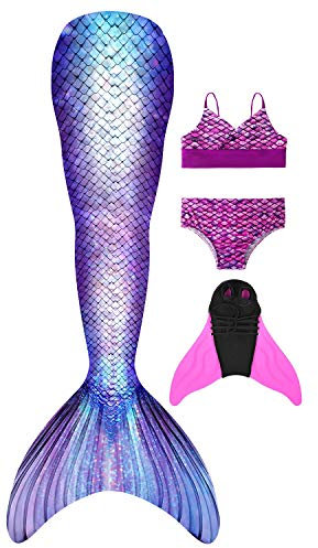 FOLOEO Meerjungfrauenflosse Mädchen Meerjungfrau Flosse Meerjungfrau Bademode mit Monoflosse und Bikini, 4 Stück Set, Mehrfarbig (Md23), 130