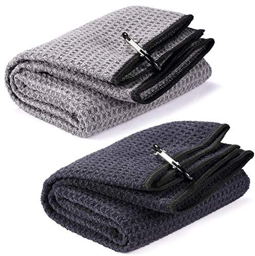 Yizerel Golf-Handtuch-Set, 40,6 x 61 cm, dreifach gefaltet, Mikrofaser-Gewebe, Waffelmuster, robuster Karabiner-Clip (2 Stück, 2 Farben)