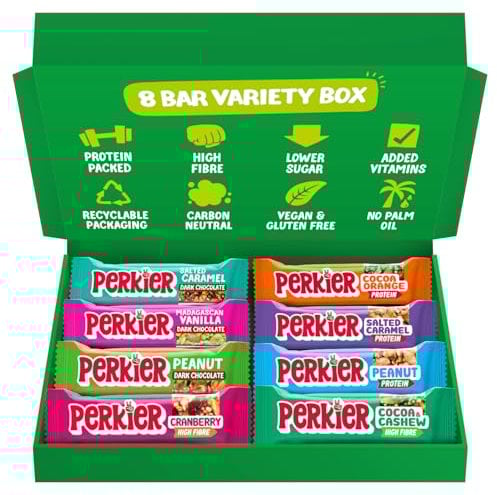 Perkier Variety Box (8 Bars), Vegan, Gluten Free, Protein, Lower Sugar, Healthy Snacks for Adults, Low Calorie, Halal, Breakfast Bar, High Fibre, Nut, Cereal, Gut Health, Multipack, Plant Based