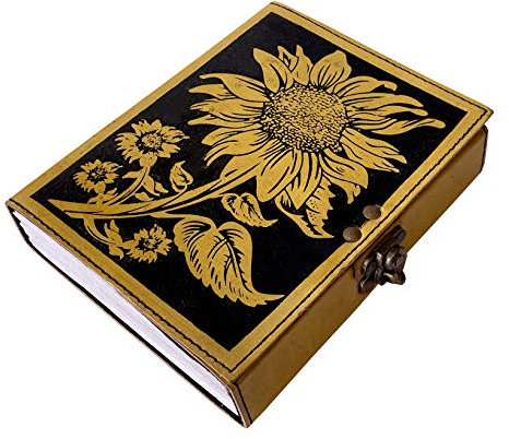 vintage sunflower leather journal Writing notebook embossed beautiful daily use book of shadows blank yellow with black unlined travel sketchbook with lock diary gift for women 7x5 inch