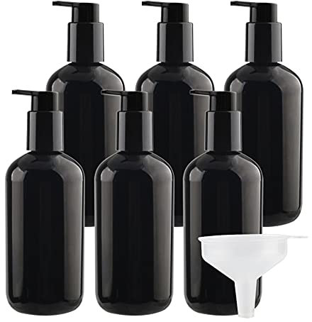 ZEOABSY 6 Stück Leere Schwarz Flaschen aus PET-Kunststoff 300 ml Leere Flaschen Seifenspender Lotionspender Badzubehör mit Weißen Lotion-Pumpen + 1 x Trichter