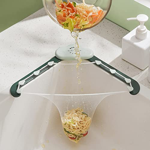 JJWNMLL Kitchen Triangle Sink Strainer,Foldable Bracket Sink Strainer,Kitchen Leftovers Filter,with a Green Triangular Rack and 100PCS Large Size Filtering Mesh Bags (Green)
