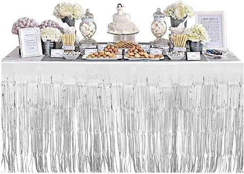 2-Pakete Metallische Folie Fringe Tischrock Silber Lametta Tischrock Girlande für Rechteck Tische Bankett Parade Schwimmt Weihnachten Weihnachten Geburtstag Hochzeit Party Dekoration