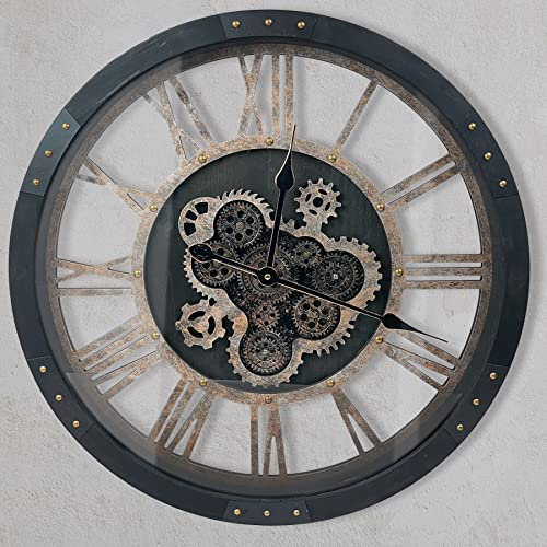 DORBOKER Große Wanduhr mit beweglichen Zahnrädern, übergroße Vintage-Uhr, industriell, rustikal,Landhausstil, für Wohnzimmer, als Dekoration, für Büro, Zuhause, Massivholz, HD-gehärtete Glasabdeckung,