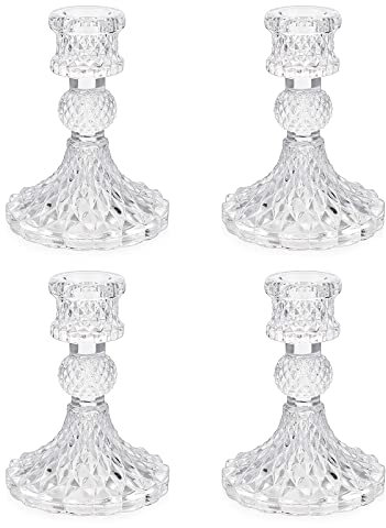 Bougeoir en Verre, bougeoirs Coniques Transparents, bougeoir en Verre Cristal pour Mariage, Maison, décoration de fête (Diamant, 4 pièces)