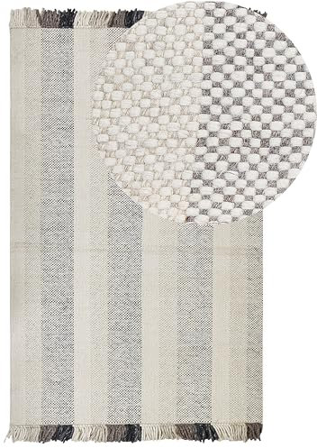 Beliani Teppich Wolle/Baumwolle weiß 160x230 cm Fransen Streifen handgewebt Emirler