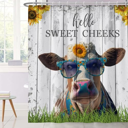 Ttincceer 183x183 cm Granja Vaca Cortina de Ducha Dulce mejillas Vaca Divertida con Girasoles Cortina de baño Vintage Granero Granja Animal Cortinas de Ducha Impermeable bañera Cortina