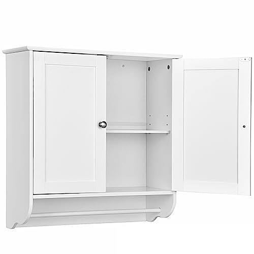 Multigot Wall Mounted Cabinet, Bathroom Storage Cupboard with Double Doors, Towel Bar and Adjustable Shelf, Wooden Hanging Organizer Unit for Bedroom Kitchen Living Room (White)