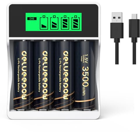 Delyeepow Batteria ricaricabile AA al litio 1,5 V 3500 mWh con caricatore, 1500 cicli, batterie ricaricabili al litio AA, 4 pezzi, ricarica rapida 2 ore