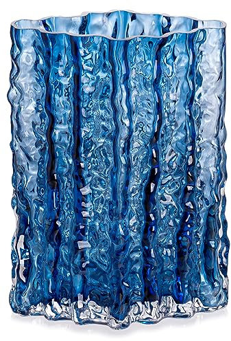 MOLIMAO Glass Diamond Shaped Vase for Flower, Modern Glacier Glass Vase for Home, Office Restaurant Desk Decor 8.3 Inch(Blue)