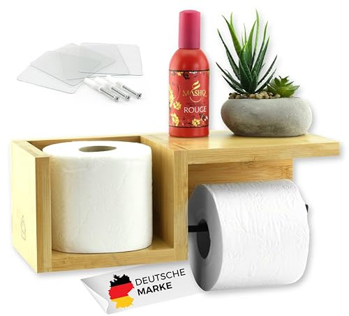 Felino® Toilettenpapierhalter Klopapierhalter Halterung Bambus Holz OHNE Bohren | Klorollenhalter selbstklebend mit Ablage | Modern Bad Zubehör