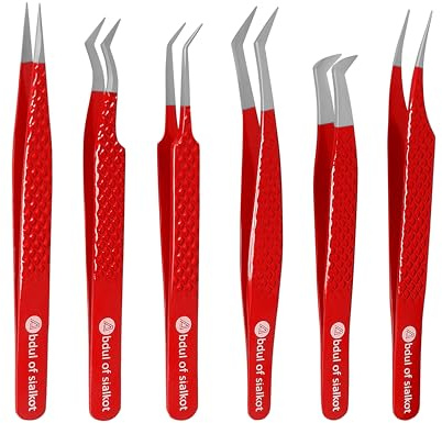 Abdul of Sialkot Abdul of Silakor Eyelash Extension Tweezers Set 6 Piece for Volume Lash Extensions Stainless Steel Eyelash Tweezers for Lash Extensions Isolation & Classic Lashes Tweezers Set (Red)