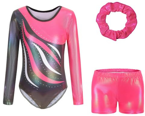 Sinoeem Gymnastikanzug Kinder Mädchen mit Haarband und Tanz Shorts, Langarm/Ärmellos Turnanzug Ballettröckchen Kleid Trikotanzug Tanz Kleid Gymnastik Dancewear (Rosa-Langarm, 11-12 Jahr)