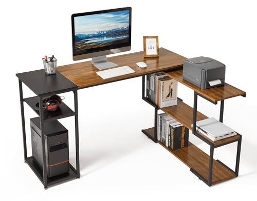 Mondeer Schreibtisch L-Förmig, Eckschreibtisch mit 360° Regal Drehbar, Platzsparender für Arbeitszimmer Büro Gaming Wohnzimmer, 135.5 x 110 x 75.5 cm, Vintage Braun und schwarz