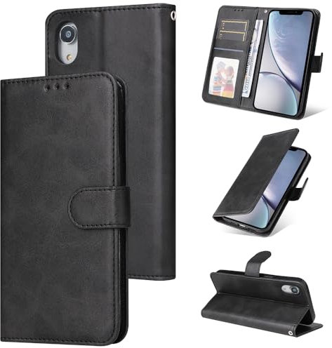 E-Lush Handyhülle für iPhone XR Hülle Leder PU, Magnet Klapphülle Flip Wallet Kartenfach 360 Stoßfeste Schutzhülle für iPhone XR Hülle mit Standfunktion, Schwarz