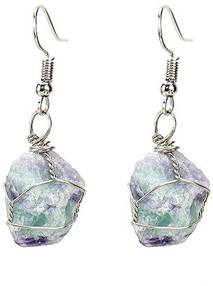 CuLtP Elegante Wire Wrap Rohstein Anhänger Ohrhänger Fluorit Tropfen Ohrringe Kristall Reiki Balance Yoga Edelstein Ohrringe Schmuck Für Frauen Mädchen Geschenk