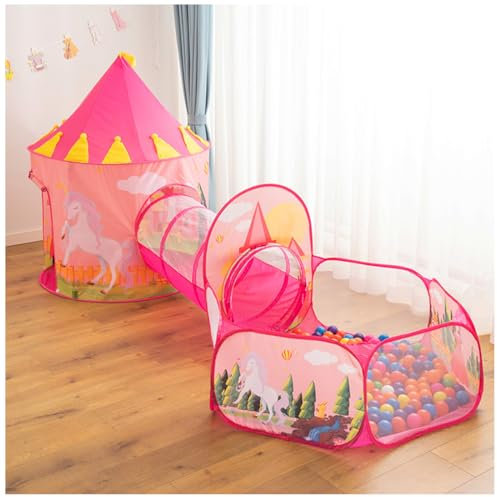Floving 3 en 1 Kids Play Tienda Tunel de rastreo y Bola Hoyo Tienda de Playhouse Infantil con aro de Baloncesto, para Uso Interior y Exterior con Estuche portátil. (Rojo) (Unicornio 3 en 1)