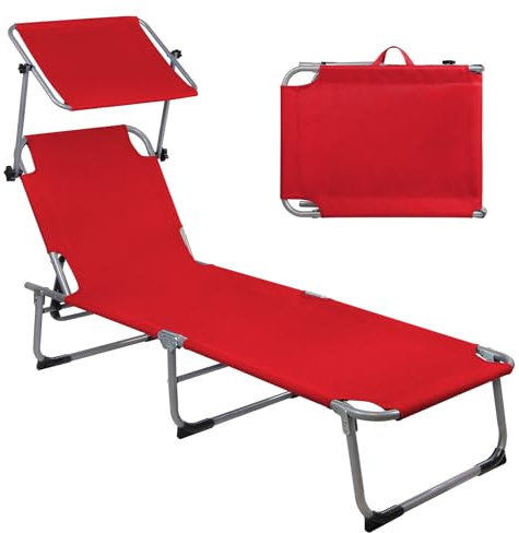 Montafox Sonnenliege 195 x 59 x 32 cm Strand Liege Tragbar max.150 kg Sonnendach Verstellbarer Rückenlehne Garten Pool Terrasse Klappbarer Liegestuhl, Farbe:dunkelrot