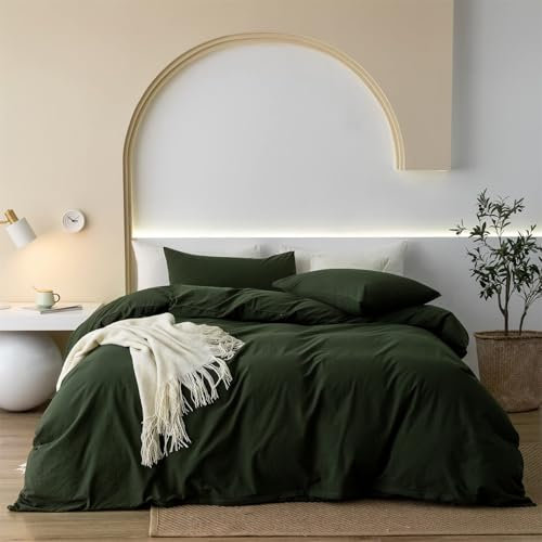 Gezu Bettwäsche 200cmx220 Baumwolle Olivgrün Grün 3 Teilig Baumwolle Doppelbett Uni Bettwäsche Set Weiche ÖkoTex Zertifiziert für Allergiker und Kissenbezüge 80x80cm mit Reissverschluss