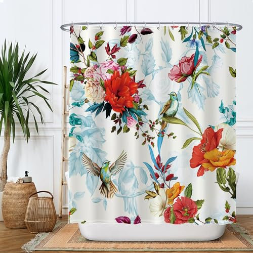 Ulticool Rideau de douche, motifs fleurs, oiseaux, nature, fleurs, 180 x 180 cm, lavable, anti-moisissure, avec 12 anneaux, rouge, rose, orange, bleu, violet, vert