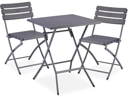 Relaxdays Balkonmöbel Set, 3-teilig, 1 Tisch & 2 Stühle, klappbar, Gartengarnitur Holzoptik, Stahl & Kunststoff, grau